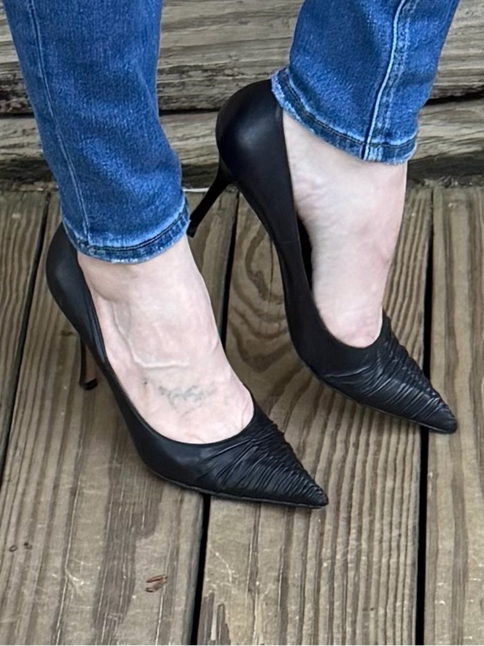 Manolo Blahnik Black Pointed Ruched Leather Pumps - Picture 6 of 6
